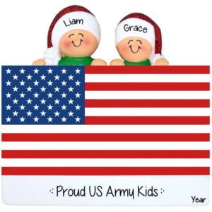 Personalized 2 Kids of Military Parent Or Parents Atop US Flag Ornament