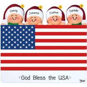 Image of Proud Family Of 4 Atop American Flag Ornament