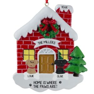 Image of Personalized Red BRICK House With 2 Dogs Family Ornament