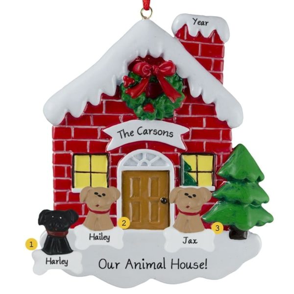 Personalized Red BRICK House With 3 Dogs Family Ornament