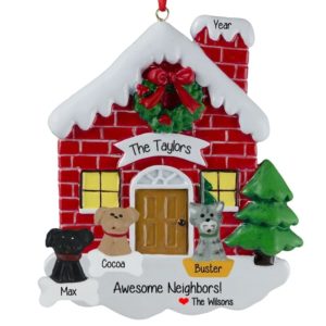 Awesome Neighbors Red BRICK House With 3 Pets Ornament