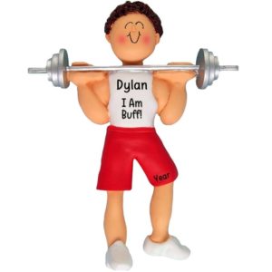 Guy Lifting Weights I Am Buff Ornament BROWN Hair