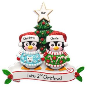 Twins' 2nd Christmas Penguins Dressed In Ugly Sweaters Ornament