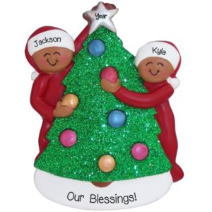 Two African American Grandkids Decorating Christmas Tree Ornament
