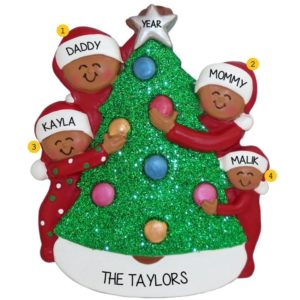 African American Family Of 4 Decorating Christmas Tree Ornament
