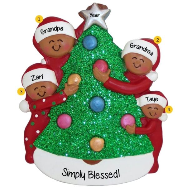 African American Grandparents + 2 Grandkids Decorating Christmas Tree Ornament