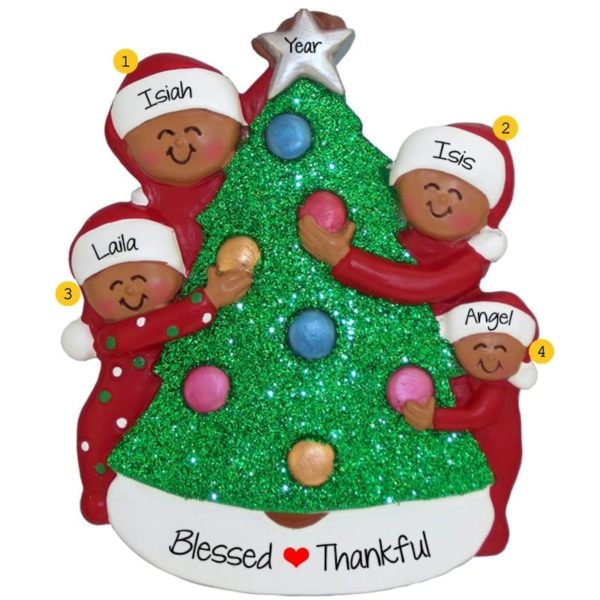 Image of African American 4 Grandkids Decorating Christmas Tree Ornament