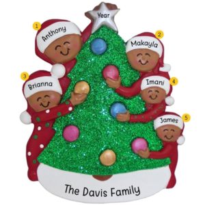 African American Family Of 5 Decorating Christmas Tree Ornament