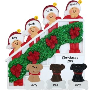 Personalized Family Of 4 + 3 Dogs On Christmasy Stairs Ornament