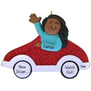 Personalized Girl New Driver Red Car Ornament AFRICAN AMERICAN