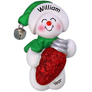 Personalized Snowman Holding Red Glittered Bulb Ornament