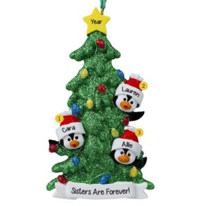 Personalized 3 Sisters Penguins Glittered Tree Ornament