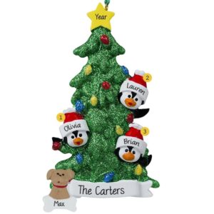 Image of Personalized Family Of 3 + 1 Dog Penguins Glittered Tree Ornament