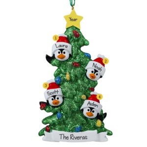 Personalized Family Of 4 Penguins Glittered Tree Ornament