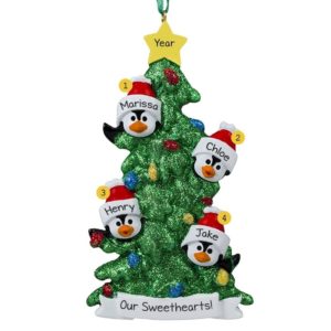 Personalized 4 Grandkids Penguins Glittered Tree Ornament