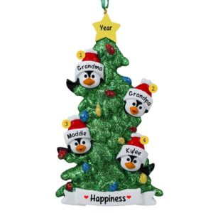 Grandparents + 2 Grandkids Penguins Glittered Tree Ornament