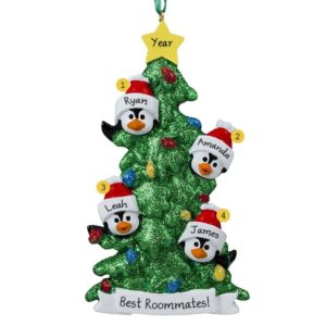 Personalized 4 Roommates Penguins Glittered Tree Ornament