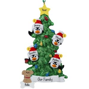 Image of Personalized Family Of 4 + 1 Pet Penguins Glittered Tree Ornament