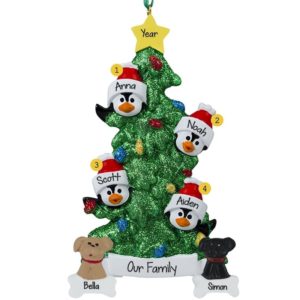 Personalized Family Of 4 + 2 Pets Penguins Glittered Tree Ornament