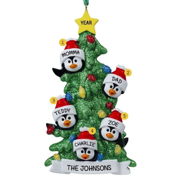 Personalized Family Of 5 Penguins Glittered Tree Ornament