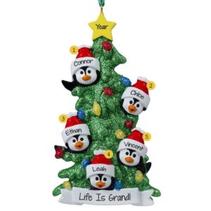 Personalized 5 Grandkids Penguins Glittered Tree Ornament