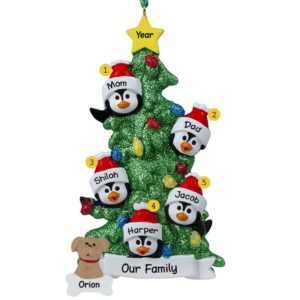 Personalized Family Of 5 + 1 Pet Penguins Glittered Tree Ornament