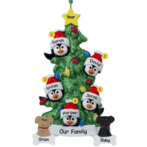 Personalized Family Of 5 + 2 Pets Penguins Glittered Tree Ornament
