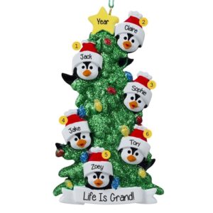 Personalized 6 Grandkids Penguins Glittered Tree Ornament