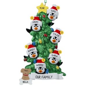 Personalized Family Of 6 + 1 DOG Penguins Glittered Tree Ornament