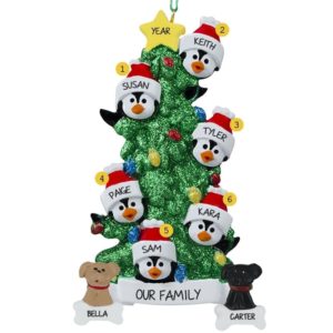 Personalized Family Of 6 + 2 DOGS Penguins Glittered Tree Ornament