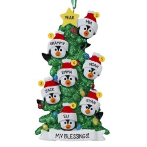 Single Grandparent + 6 Grandkid Penguins Glittered Tree Ornament