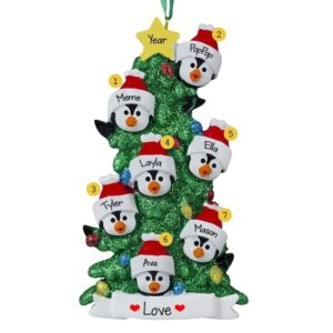 Grandparents + 5 Grandkids Penguins Glittered Tree Ornament