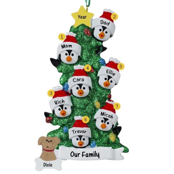 Image of Personalized Family Of 7 + 1 Dog Penguins Glittered Tree Ornament
