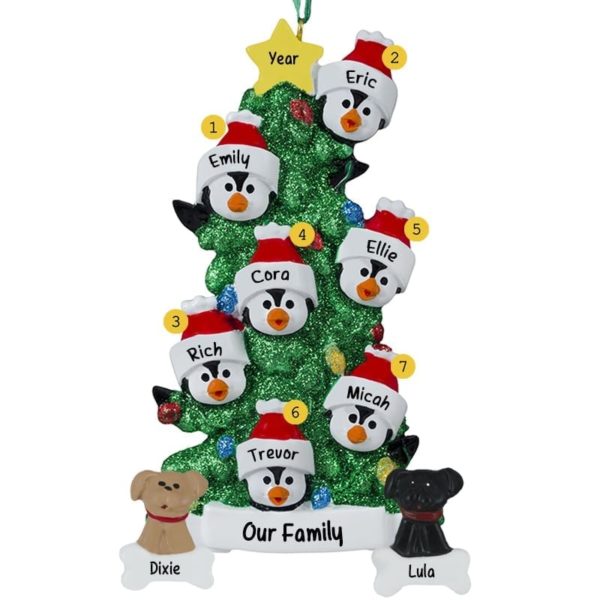 Personalized Family Of 7 + 2 DOGS Penguins Glittered Tree Ornament
