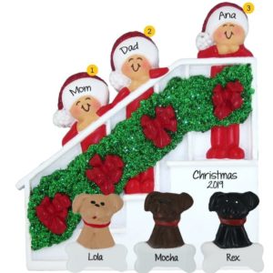 Personalized Family Of 3 + 3 Dogs Christmas Bannister Glittered Ornament