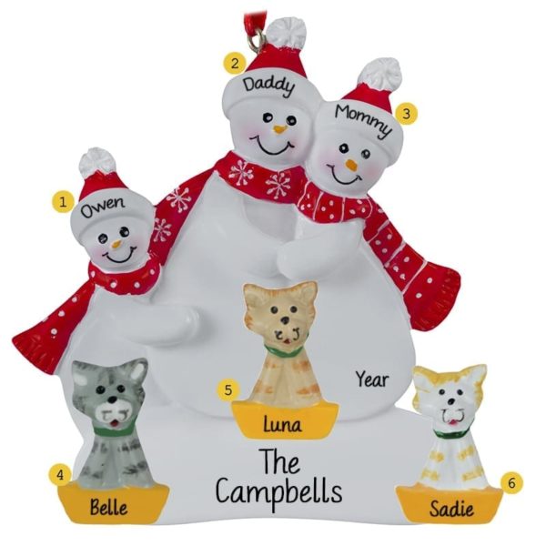 Personalized Snow Family Of 3 + 3 Cats Red Scarves Ornament
