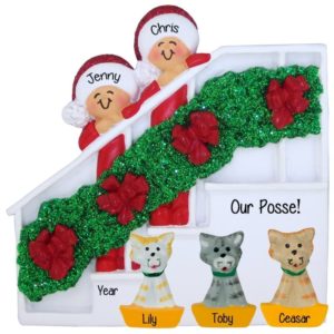 Image of Personalized Couple With 3 Cats Christmas Bannister Ornament