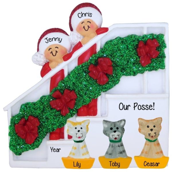 Personalized Couple With 3 Cats Christmas Bannister Ornament