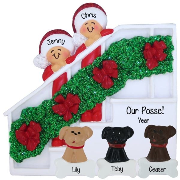 Personalized Couple With 3 Dogs Christmas Bannister Ornament