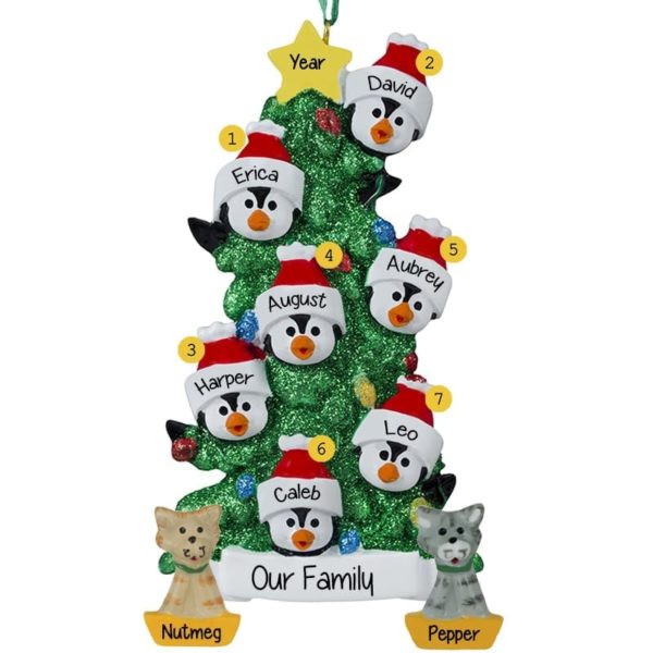 Personalized Family Of 7 + 2 Cats Penguins Glittered Tree Ornament