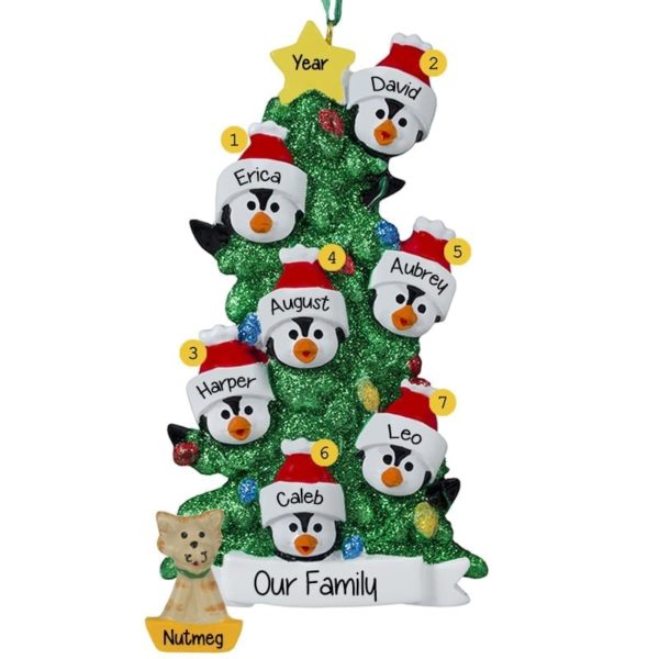 Image of Personalized Family Of 7 + 1 Cat Penguins Glittered Tree Ornament