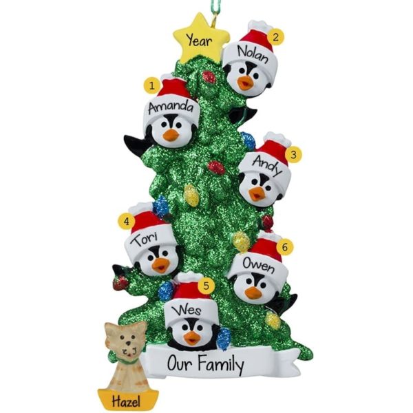Personalized Family Of 6 + 1 Cat Penguins Glittered Tree Ornament