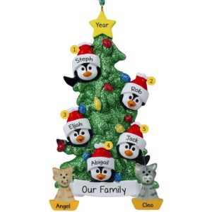 Personalized Family Of 5 + 2 Cats Penguins Glittered Tree Ornament