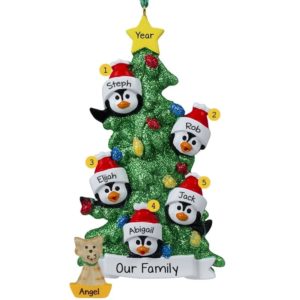 Personalized Family Of 5 + 1 Cat Penguins Glittered Tree Ornament