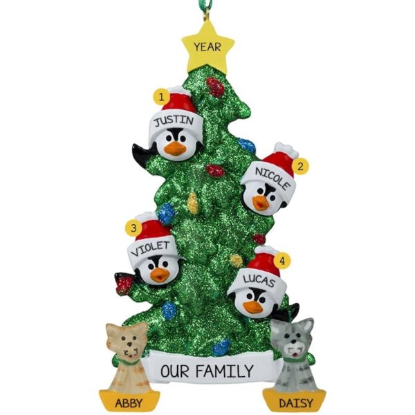 Personalized Family Of 4 + 2 Cats Penguins Glittered Tree Ornament