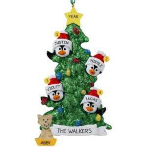 Image of Personalized Family Of 4 + 1 Cat Penguins Glittered Tree Ornament