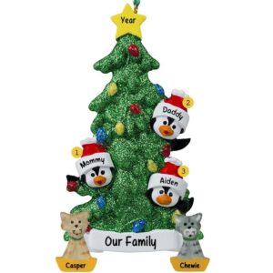 Image of Personalized Family Of 3 + 2 Cats Penguins Glittered Tree Ornament