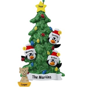 Image of Personalized Family Of 3 + 1 Cat Penguins Glittered Tree Ornament