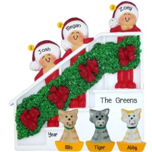 Personalized Family Of 3 + 3 Cats Christmas Bannister Glittered Ornament