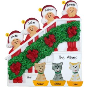 Personalized Family Of 4 + 3 Pets On Christmasy Bannister Ornament
